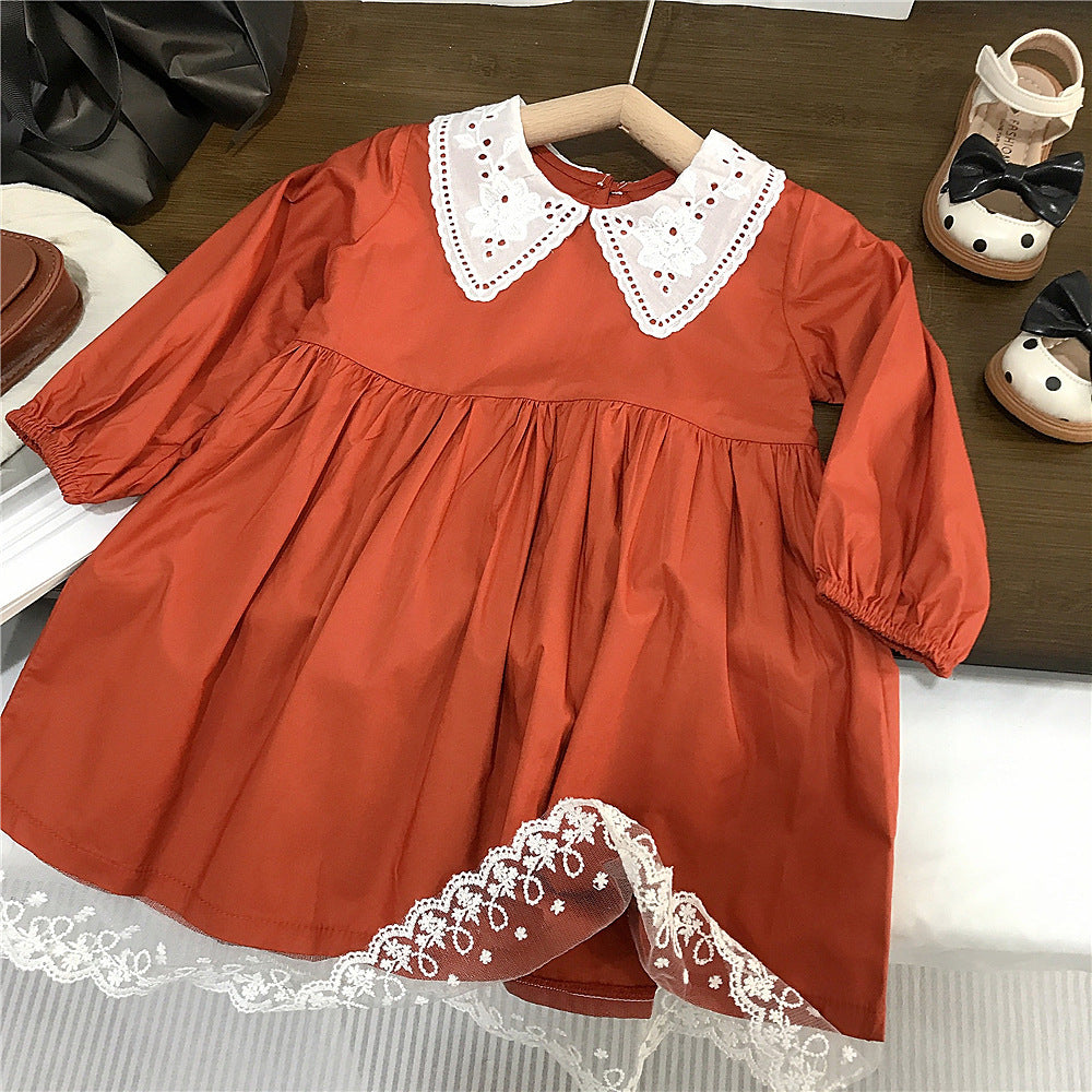 Girls' Fashionable Lace Collar Solid Color Dress