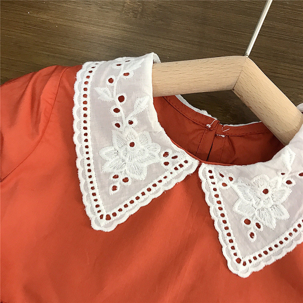 Girls' Fashionable Lace Collar Solid Color Dress