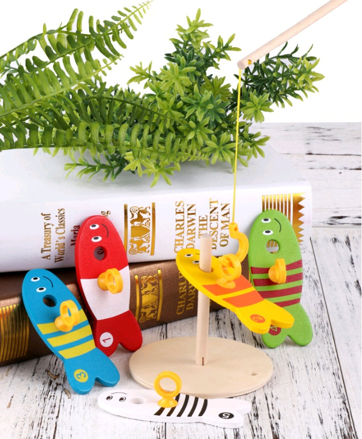 Children's educational creative fishing toys wooden baby early childhood teaching water ring wooden toys