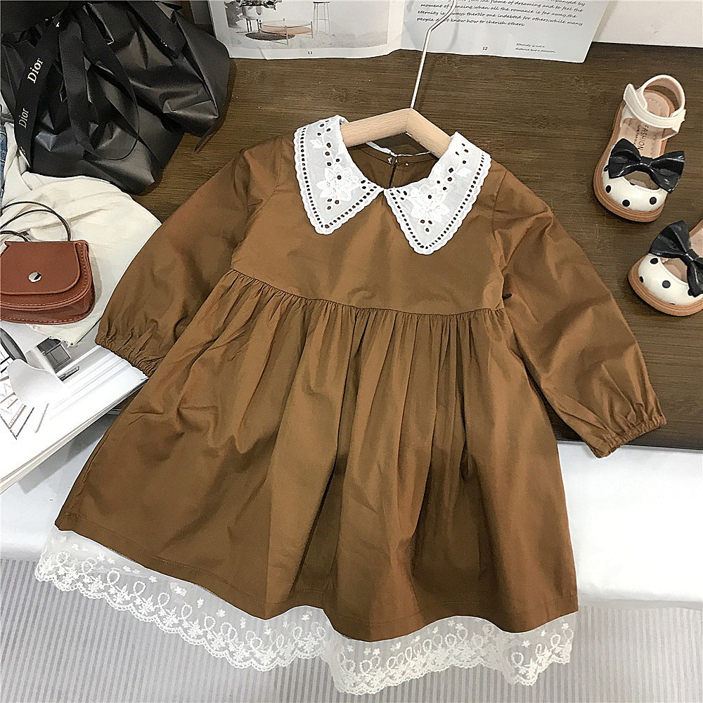 Girls' Fashionable Lace Collar Solid Color Dress