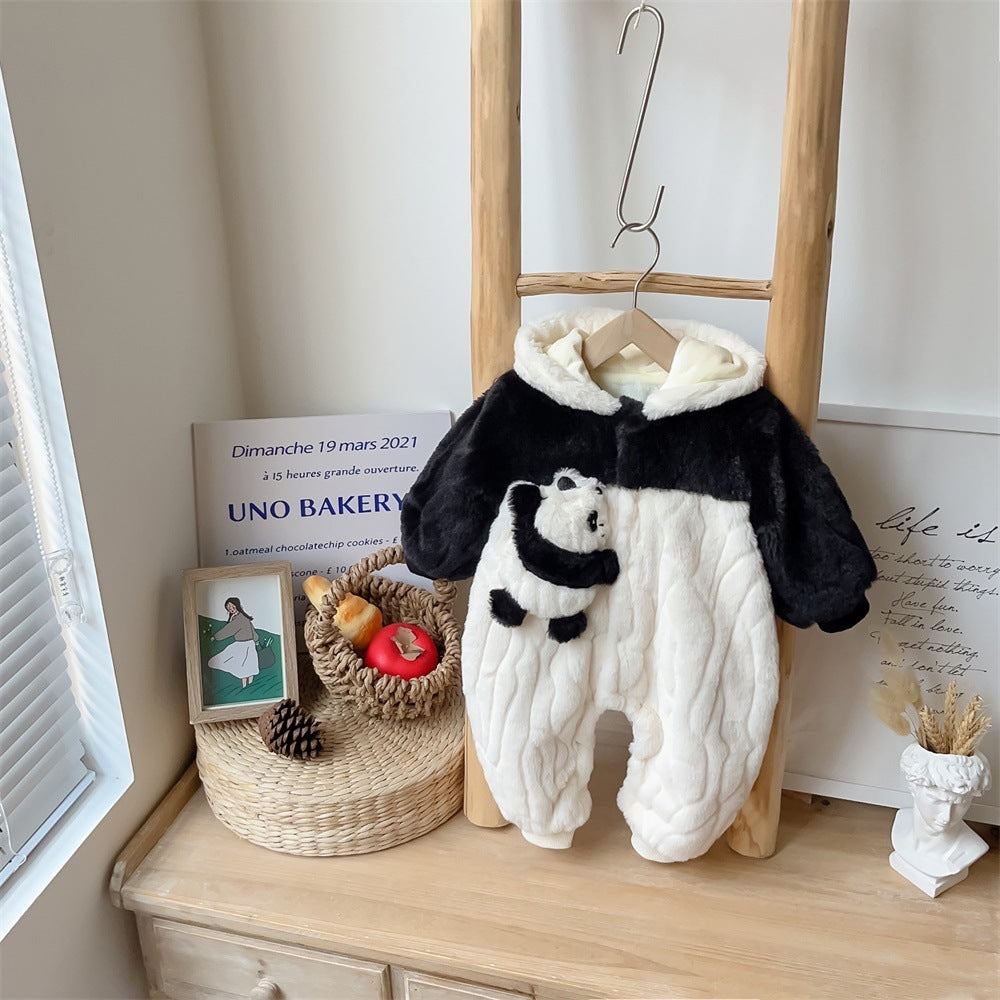 Winter Clothes Baby Jumpsuit Fleece-lined Lesser Panda Plush Hooded Jumpsuit