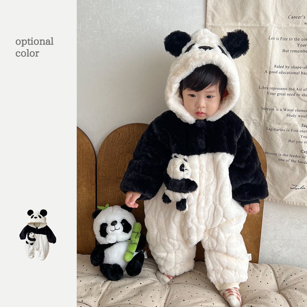 Winter Clothes Baby Jumpsuit Fleece-lined Lesser Panda Plush Hooded Jumpsuit