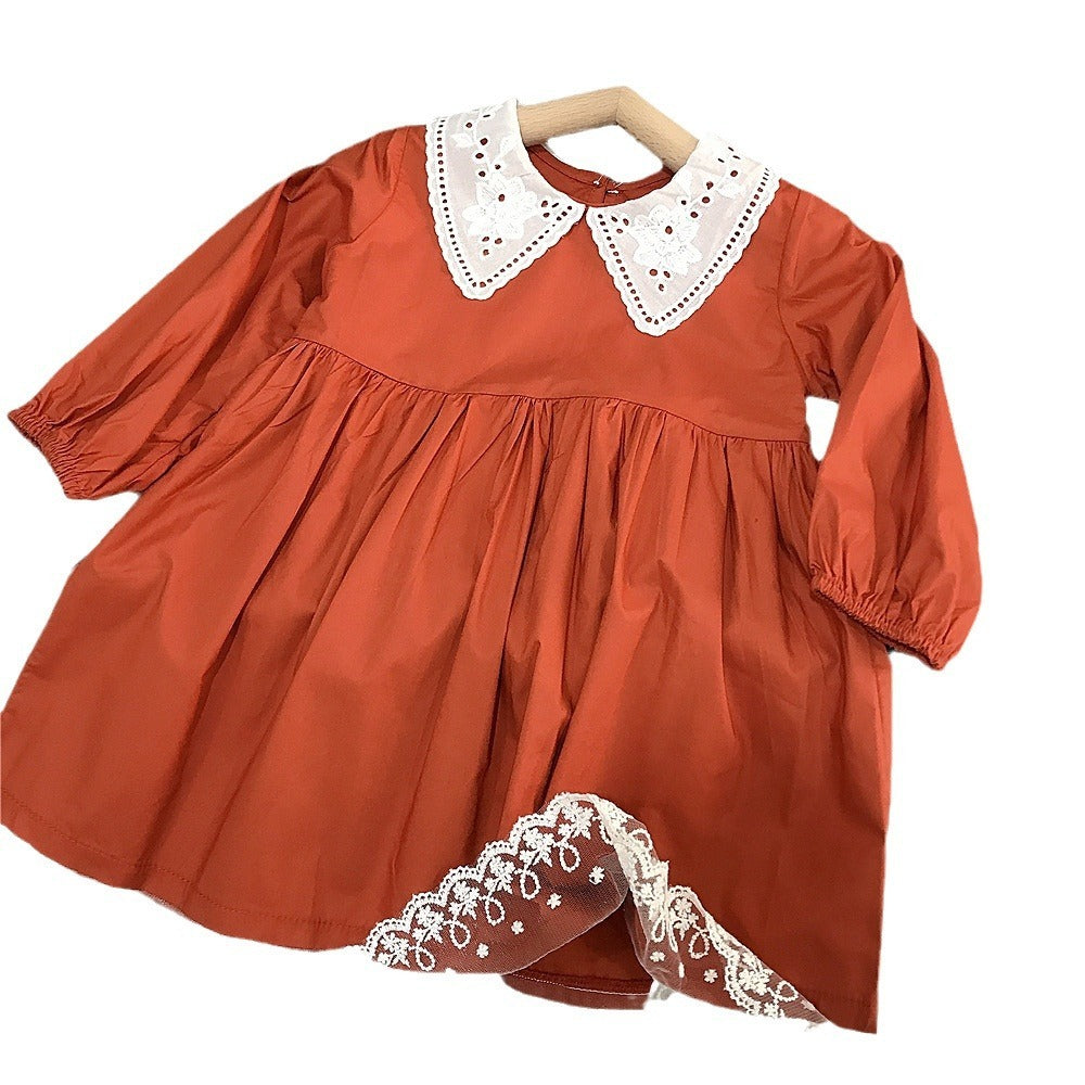 Girls' Fashionable Lace Collar Solid Color Dress