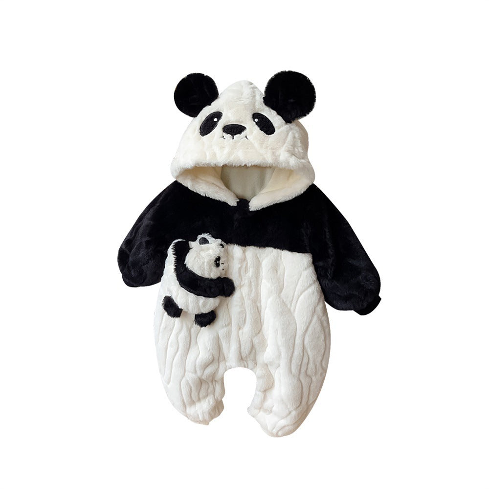 Winter Clothes Baby Jumpsuit Fleece-lined Lesser Panda Plush Hooded Jumpsuit